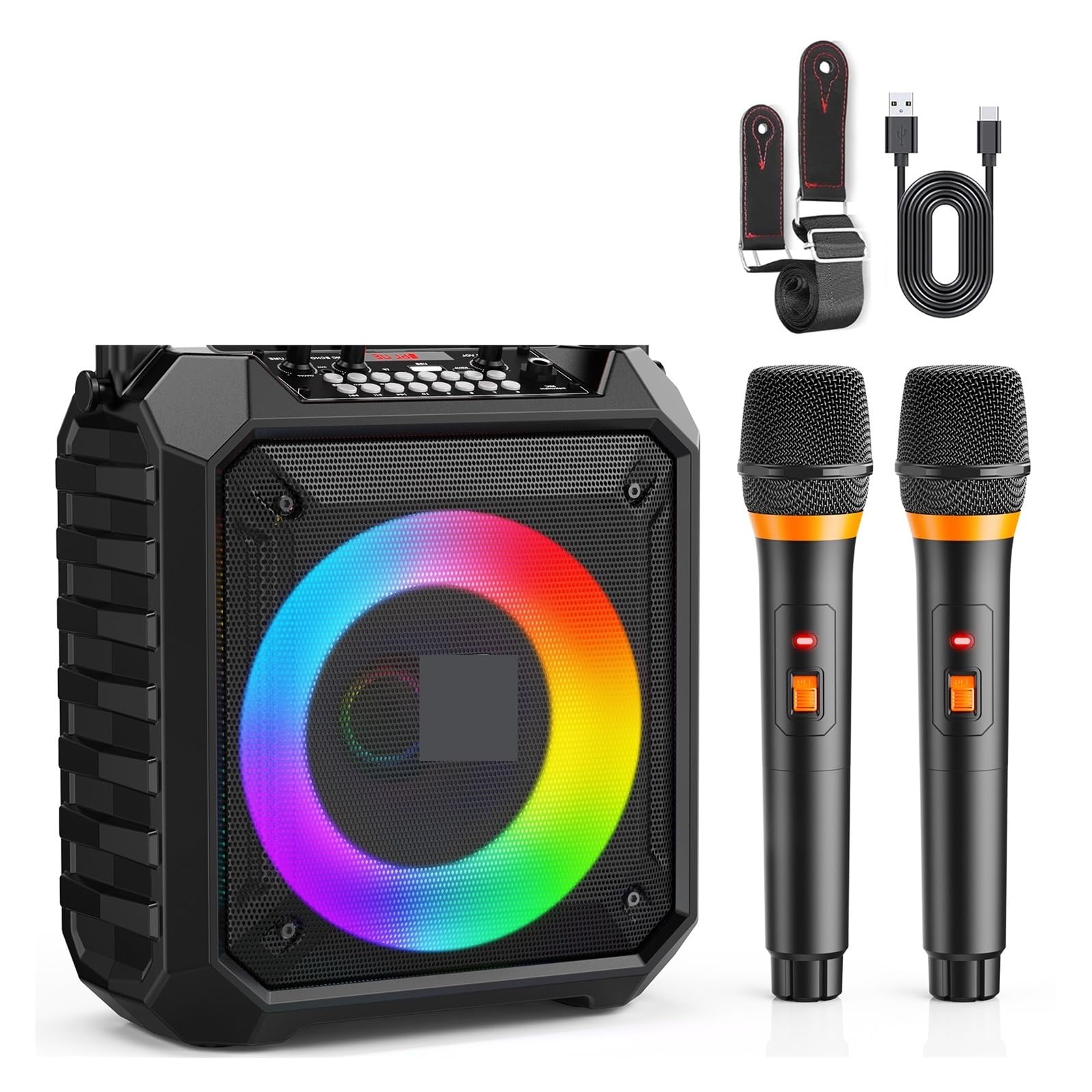 Máquina De Karaoke con 2 Micrófonos, Altavoz Portátil Bluetooth For Luces DJ For Fiestas Al Aire Libre, PA Compatibilidad Universal