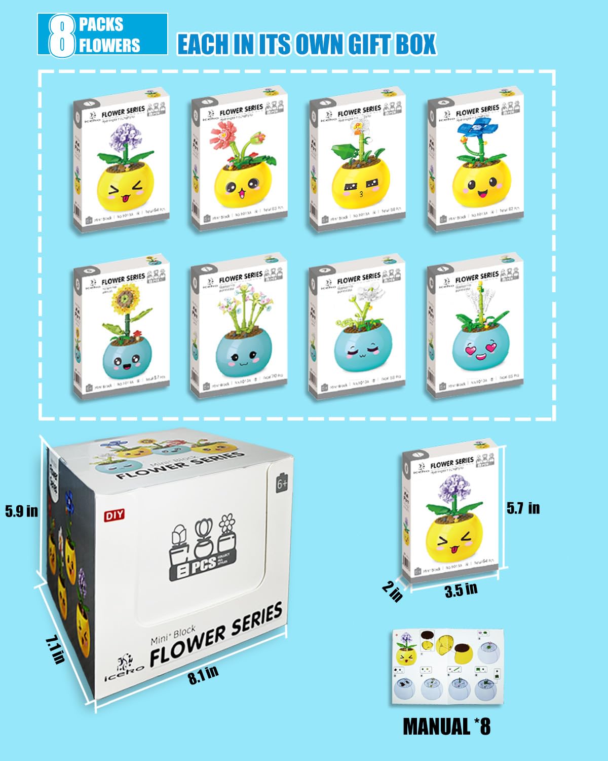 Flowerグッズになります。 ICEKO KN 8 Flowers Succulents with Pot - Mini Building Blocks Set