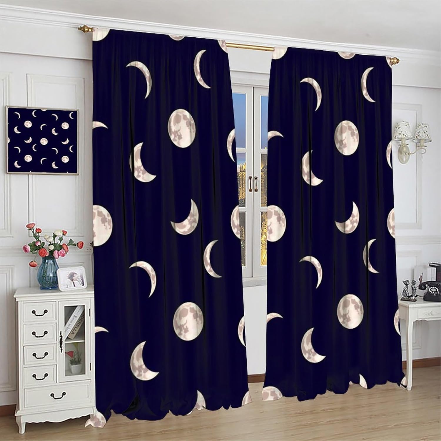 Moon Phase Blackout Curtains, Lunar Cycle Dark Blue Night Sky Vintage Decor Window Treatment, Rod Pocket Darkening Drapes for Bedroom Living Room, 42" W X 45" L