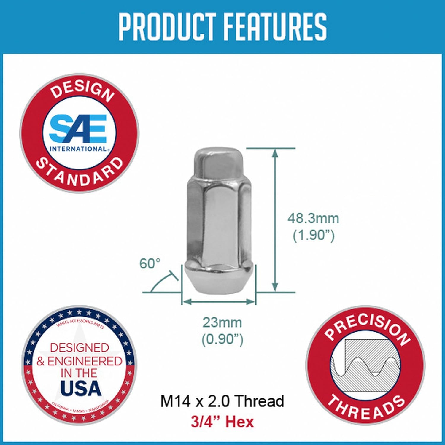 Wheel Accessories Parts 20 Pcs M14x2 14x2 Thread Bulge Acorn 1.90" Long Lug Nuts Chrome 3/4" 19mm Hex Fits Ford F-150 Expedition ｜ Lincoln Navigator