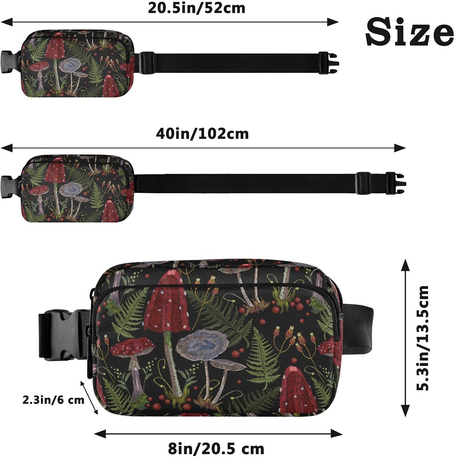 Hiking Fanny Pack Vintage Mushrooms Waist Pack Fashion Casual Hip Bum Bag with Adjustable Strap for Women & Men Hands Free Crossbody Bags for Outdoors, Hiking, Running, Travel - Image 3