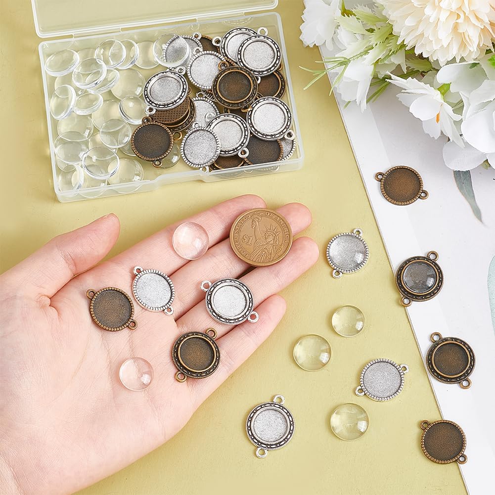 PH PandaHall 32 pcs 2 Styles 14 16mm Tibetan Style Alloy Bezel Pendant Blanks Pendant Trays with 32 pcs 14 16mm Clear Glass Cabochons Dome Tiles Double Holes Blanks for Earring Bracelet Jewelry Making - Image 3