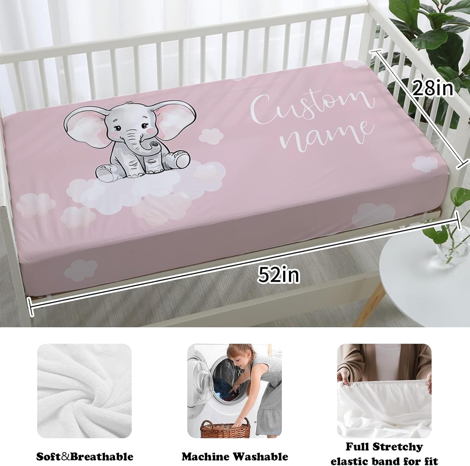 Custom Name Girl Crib Bedding Set for Infant Baby, Personalized Nursery Decor Elephant Pink Baby Blanket Fitted Crib Sheet Changing Pad Cover 3 Pcs, Great Gift from Parents