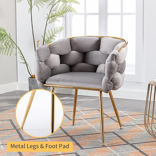 Miniatura 5 de Otnqu Sillas decorativas modernas, sillas de comedor de terciopelo, sillas de sala de estar tejidas con patas de metal dorado para leer, comedor,
