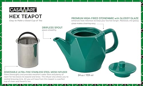 Miniatura 3 de casaWare Tetera hexagonal de gres de alta calidad de 24 onzas con un esmalte brillante, infusor de acero inoxidable de malla ultrafina extraíble