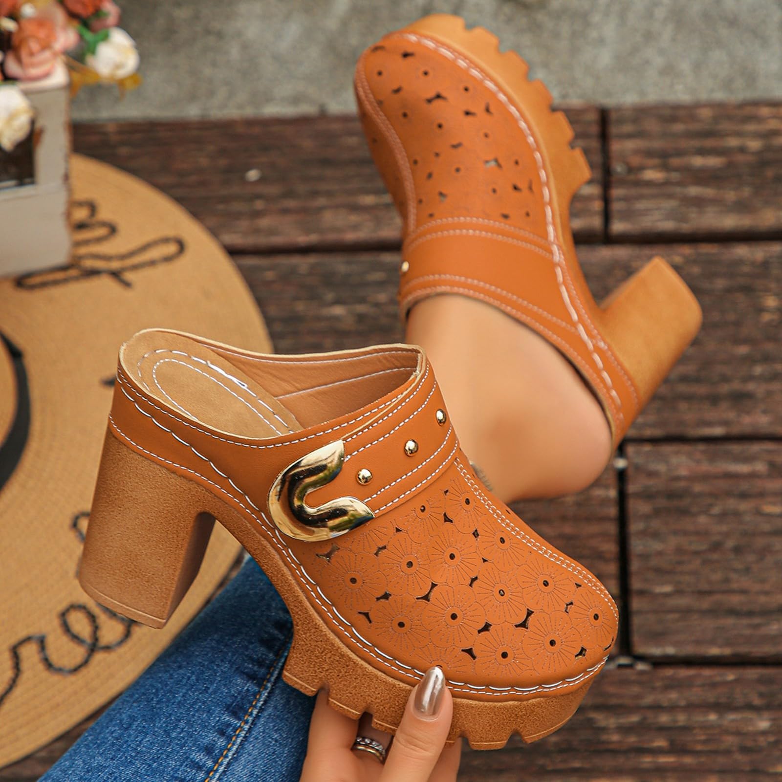 Scarpe Donna Tacco Pianta Larga Sandali Estivi Sandali estivi da donna con fibbie in metallo stile retrò con tacco spesso e stivaletti traforati Eleganti Bassi Scarpe Estive