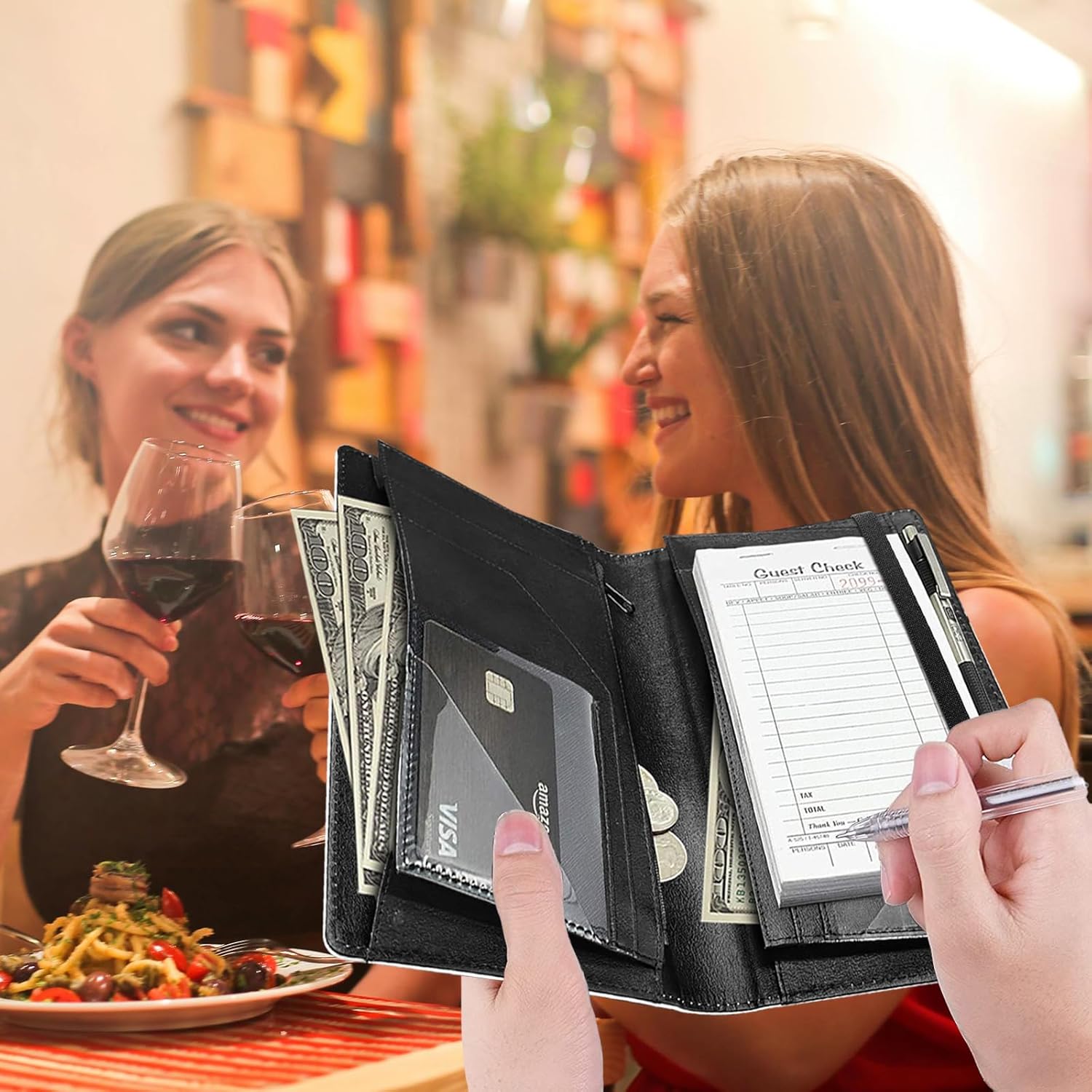 Server Book for Waitress 9 x 5" PU Leather Waiter Book Organizer with Zipper Money Pocket Serving Book Restaurant Guest Check Book Pen Holder Wallet Fit Server Aprons,Colorful Stones Bubble