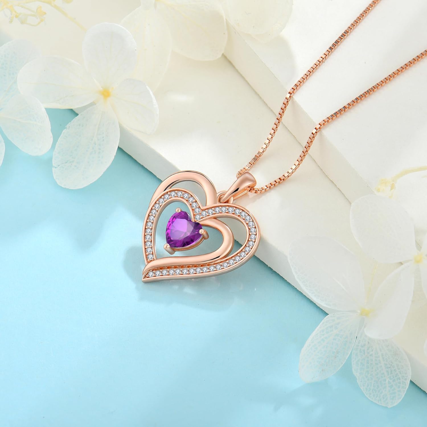 Rose Gold Plated Love Heart Necklace for Women 925 Sterling Silver Birthstone Pendant Necklace Jewelry Gift for Women Her Mom Wife - Image 5