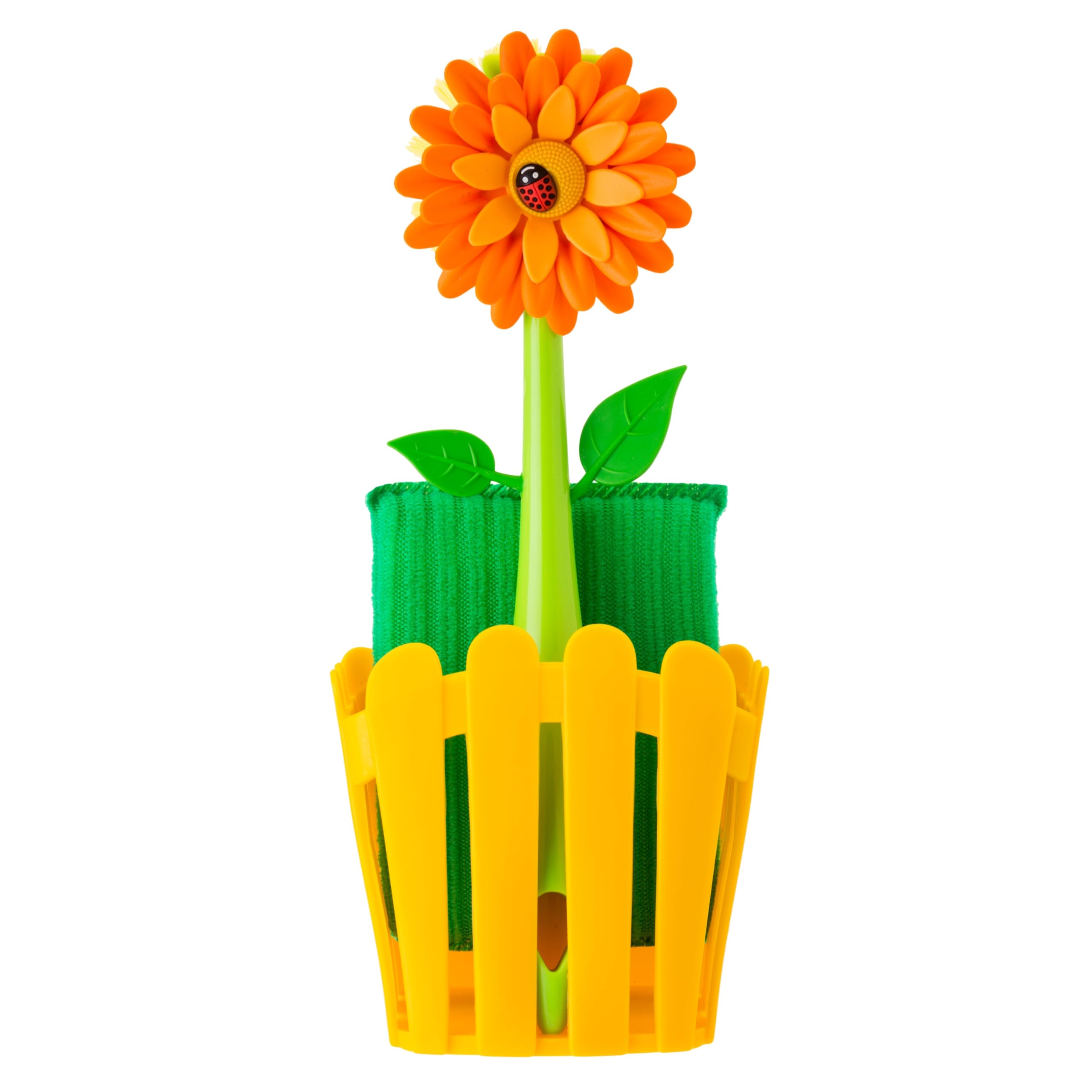VigarFlower Power 3-in-1 Kitchen Sink Caddy Set, Flower-Shaped Dish Brush, Sponge, Fence-shaped Holder and Suction Cup, Ideal Sink Organizer, Orange