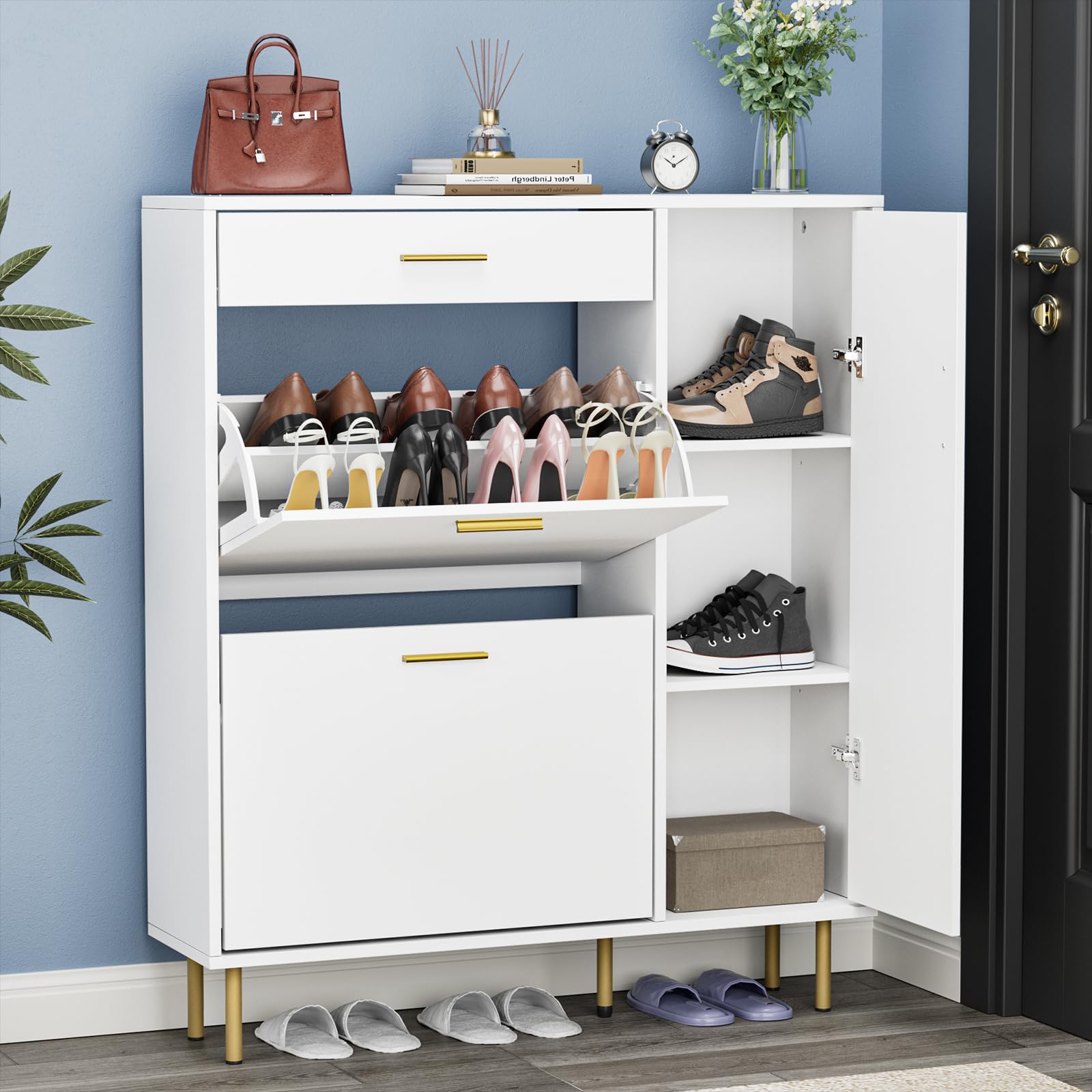 Yvsevnr Slim Shoe Cabinet with 2 Flip Drawers 1 Door Freestanding Shoe Rack Cabinet for 14-18 Pairs Shoes Narrow Storage Unit with Anti-Tip for Hallway, Living Room or Bedroom