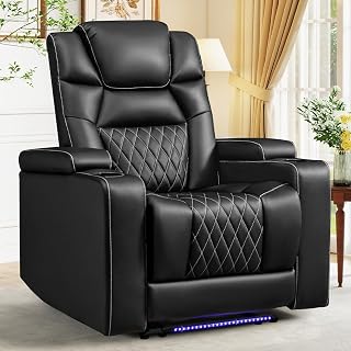 ANJ PU Leather Recliner Chair, Power Movie Theater Chairs with USB Port, Electric Home Theater Seating for Media Room with Blue Ambient Lighting, Hidden Arm Storage, Cup Holders (Black)