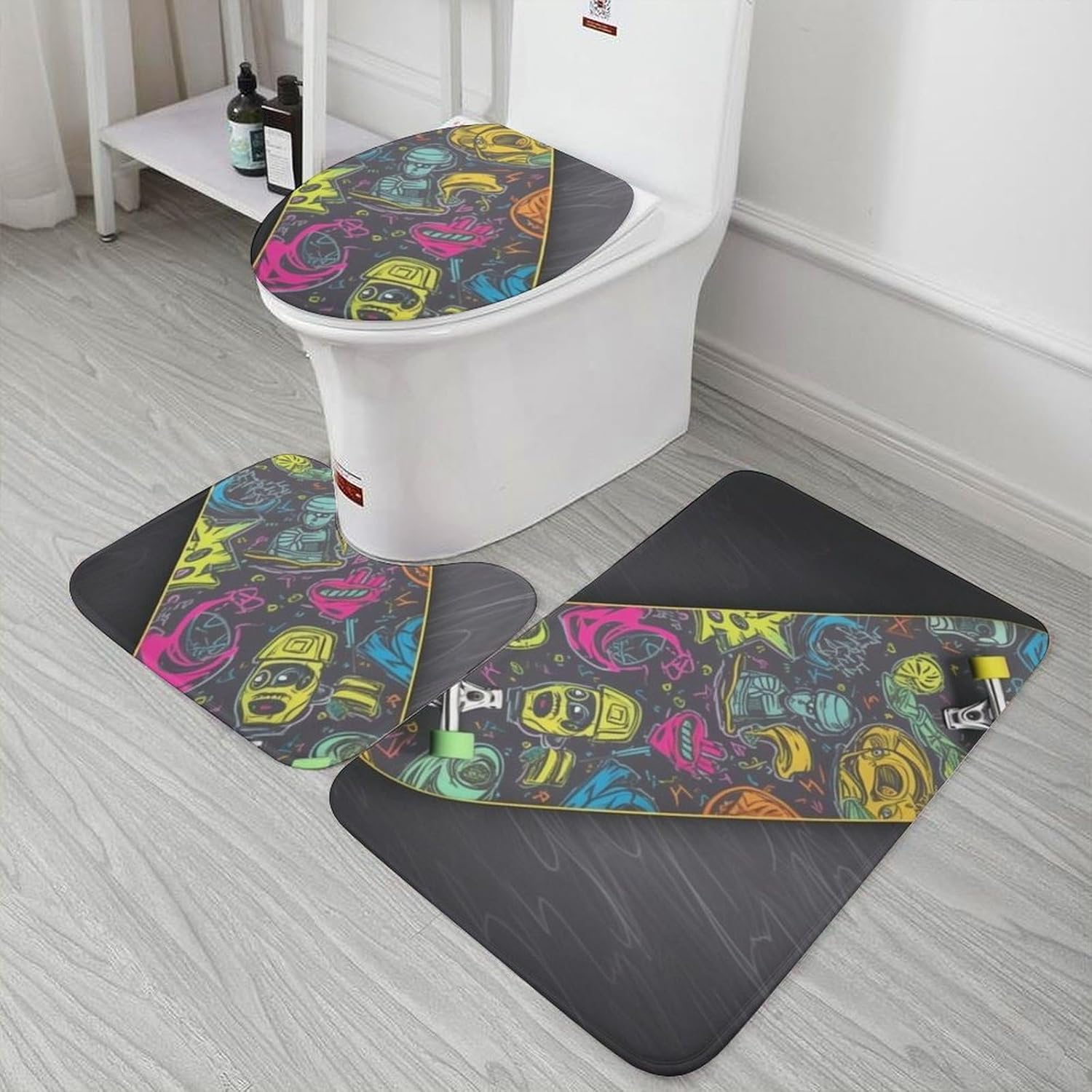 Anti-Skid Floor Mats 3 Piece Set,Graffiti Skateboard Printed Coral Fleece Bathroom Mats U-Shaped Contour Mat Toilet Seat Cover for Bathroom, Tub, Shower, Kitchen 19.7"x31.5"