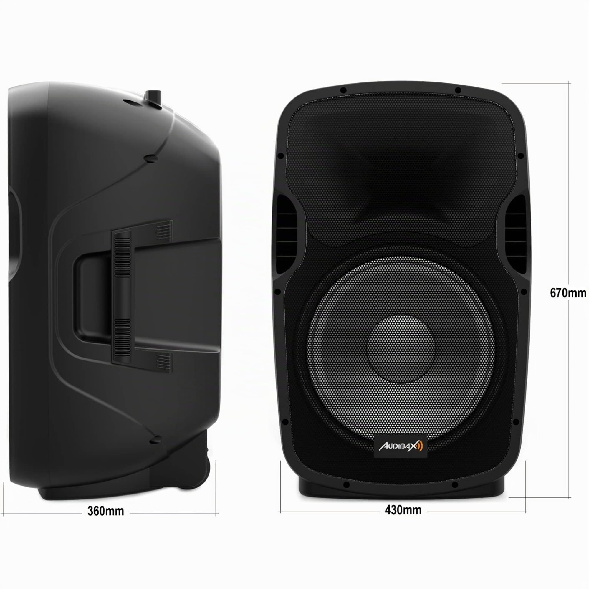 Audibax Party 15 - Haut-Parleur Active 15" - Puissance 600W - Enceinte Amplifié - Connexion USB/SD - Support + Câble + Microphone Inclus - Haut-Parleur Bluetooth - Illumination LED