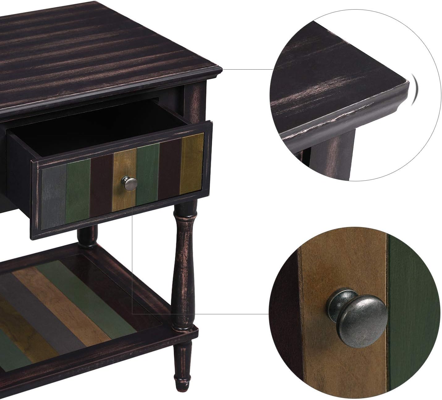 VASAGLE End Table with 1 Colorful Drawer, Bedside Table with Turned Wood Legs, 1 Storage Shelf, Assembly Without Tools, Nightstand for Bedroom, Country Brown