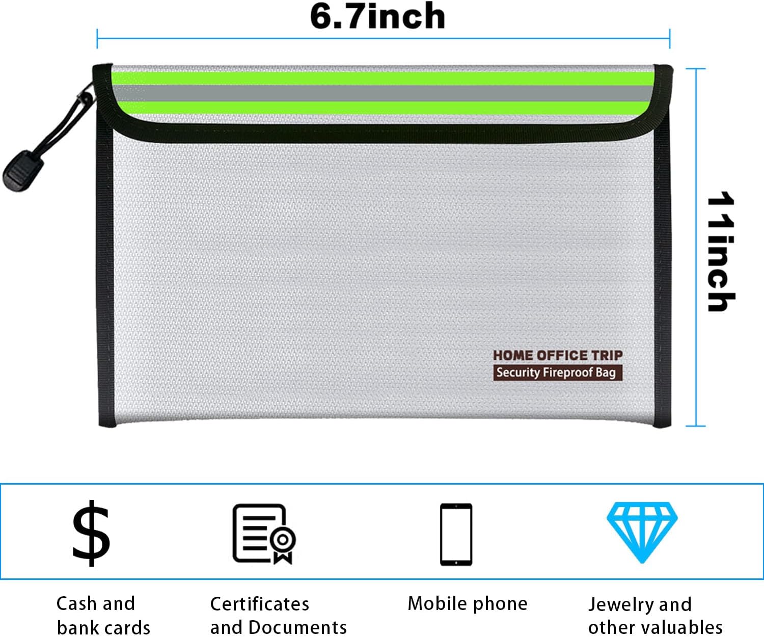 11"x6.7" Fireproof Document Bag Home Office Travel Fireproof Safe Storage Pouch for Document Cash Money Valuables Jewelry Passport Currency Mobile Power Bank Lipo Battery