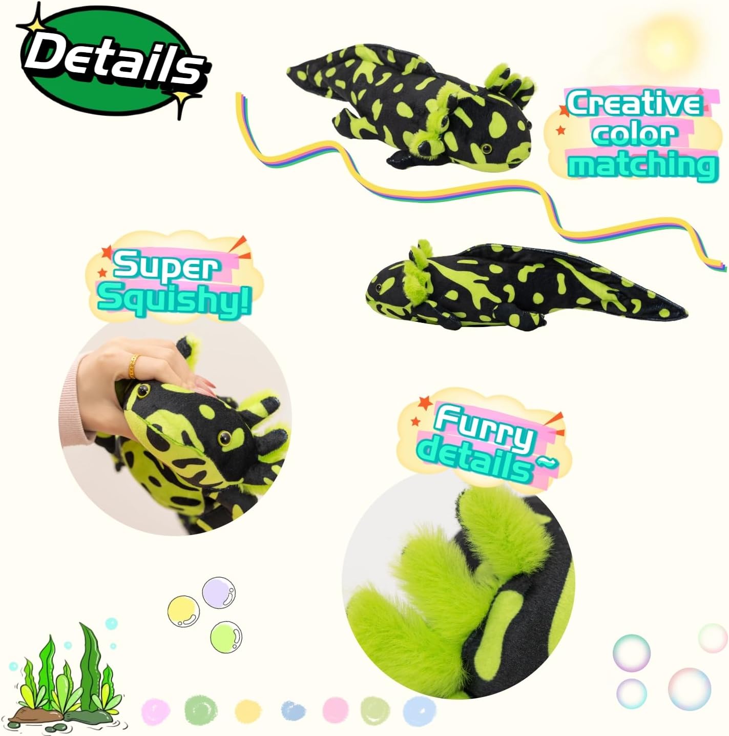 Black & Green Realistic Axolotl Plush Toy 18", Soft Salamander Stuffed Animal, Unique Amphibian Plush, Creative Room Décor, Ideal Presents for Kids Animal Lovers Birthday Christmas image 3