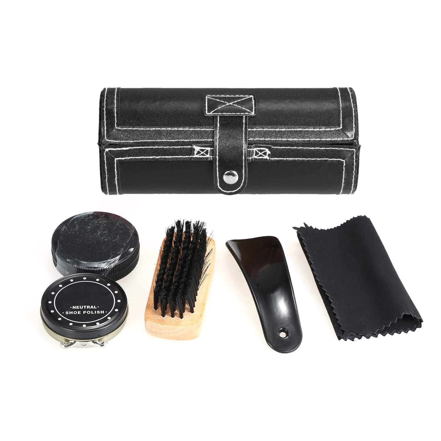 GoolRC 6PCS Shoe Polish Care Kit Leather Shoe Shine Set Shoe Brushes Compact Shoe Cleaning Kit with PU Leather Case Black