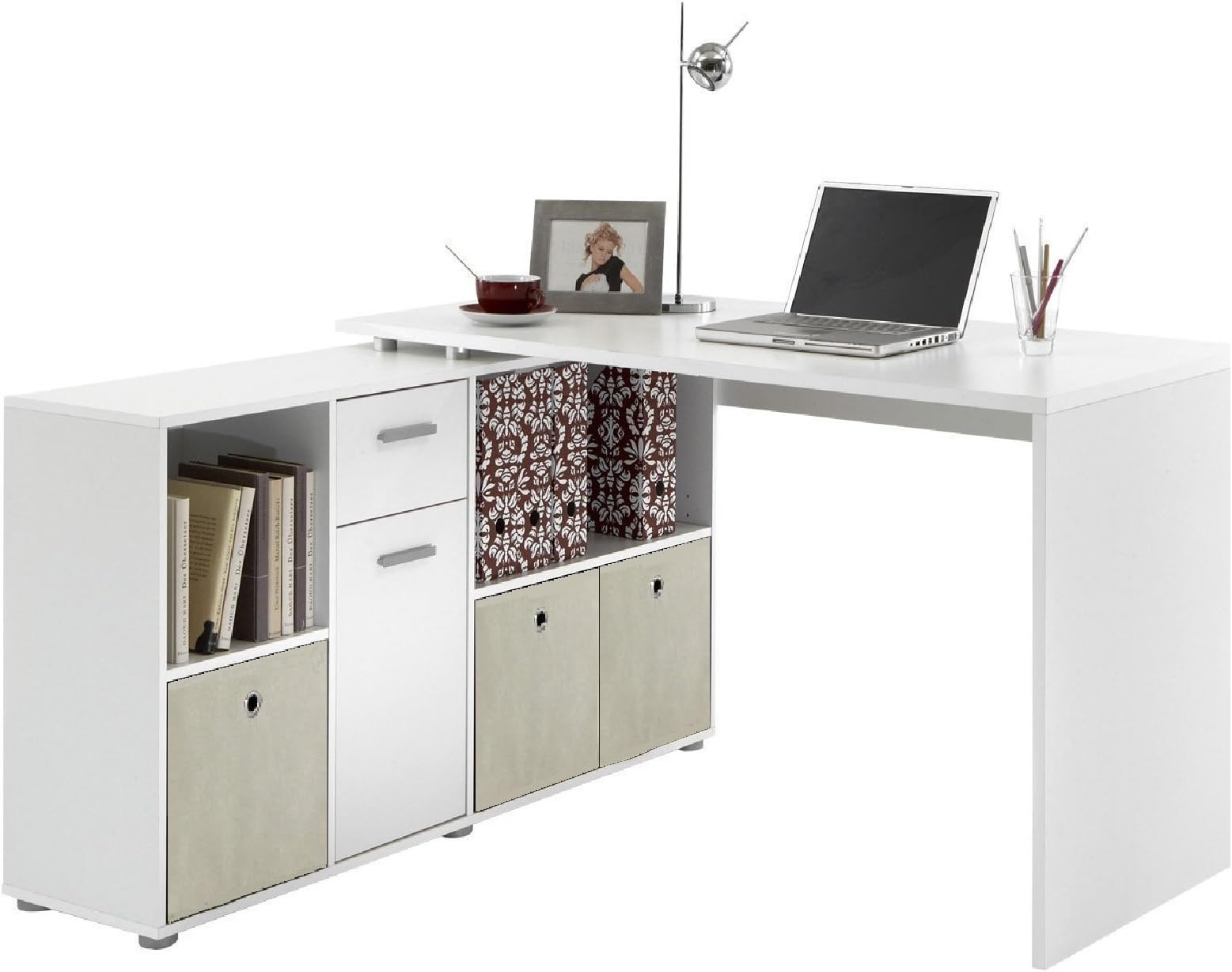LEXA Corner Home Office Computer Desk Finished in White Includes 3 Natural Coloured Canvas Storage Boxes