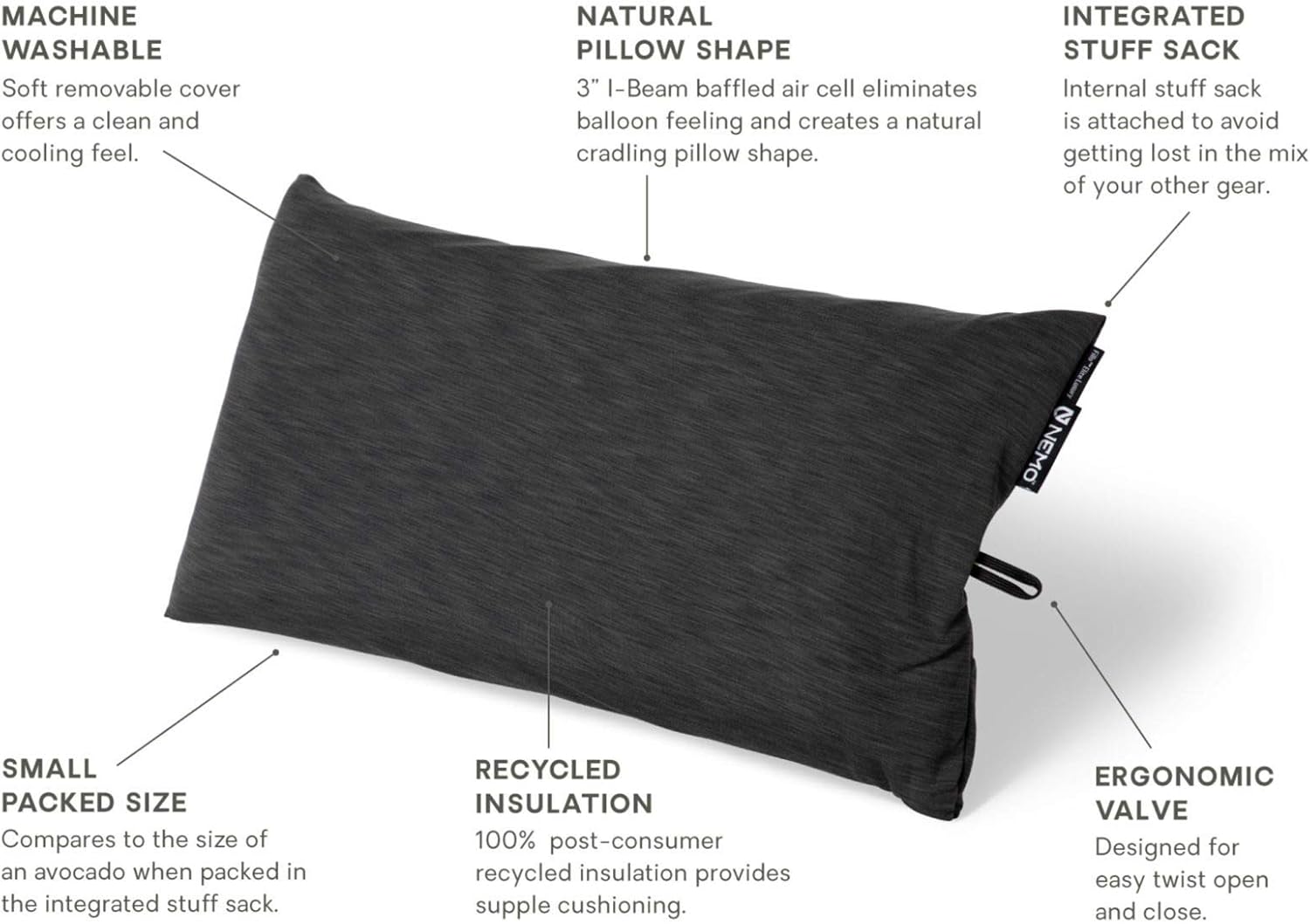 Nemo Equipment Fillo Elite Luxury Pillow | Inflatable Pillow for Travel, Backpacking, and Camping, One Size - Midnight Gray