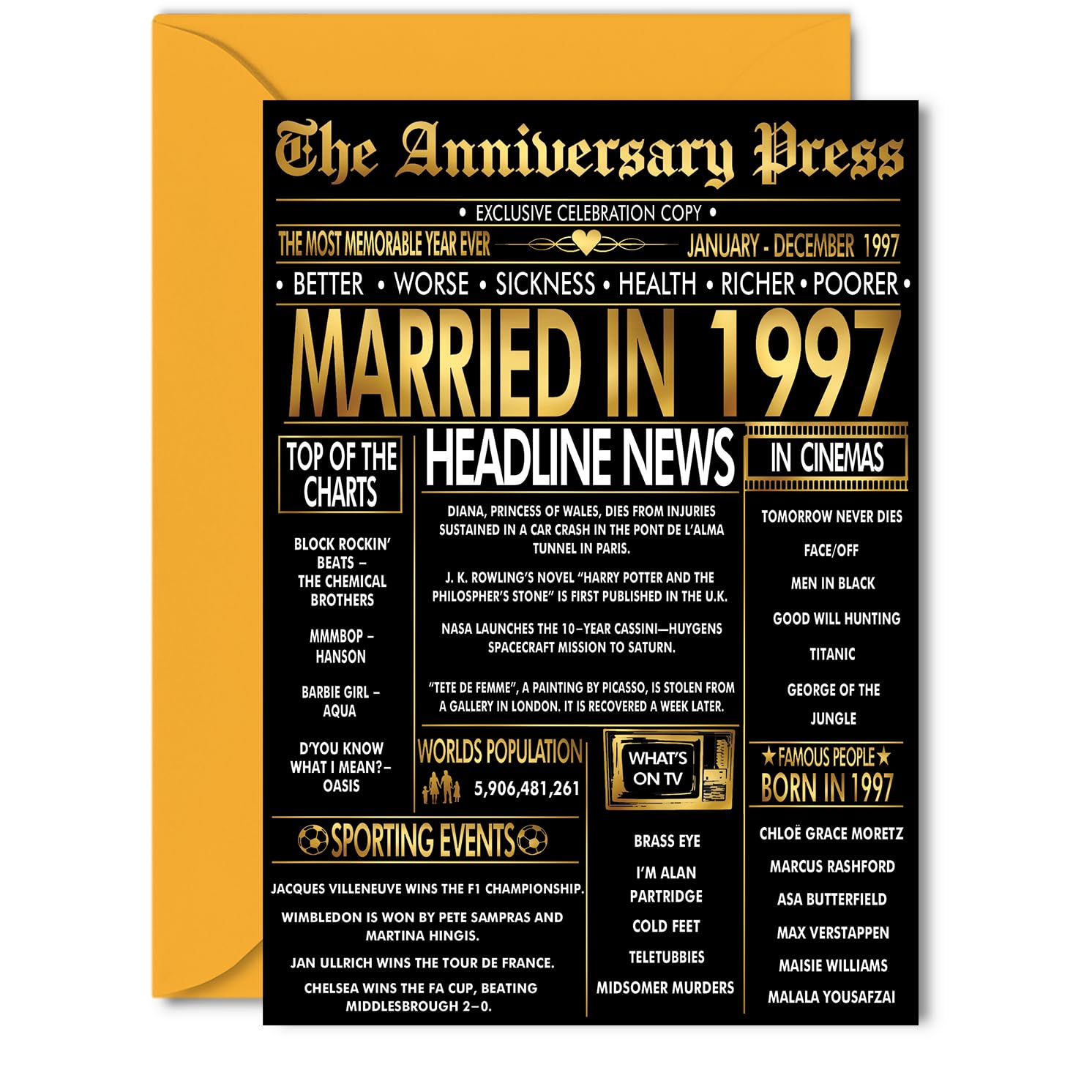Gold 29th Anniversary Card for Women Men - Golden Newspaper Married in 1997-29 Year Wedding Anniversary Card for Wife Companion Husband Partner, 5x7 Inch Anniversaries Greeting Cards