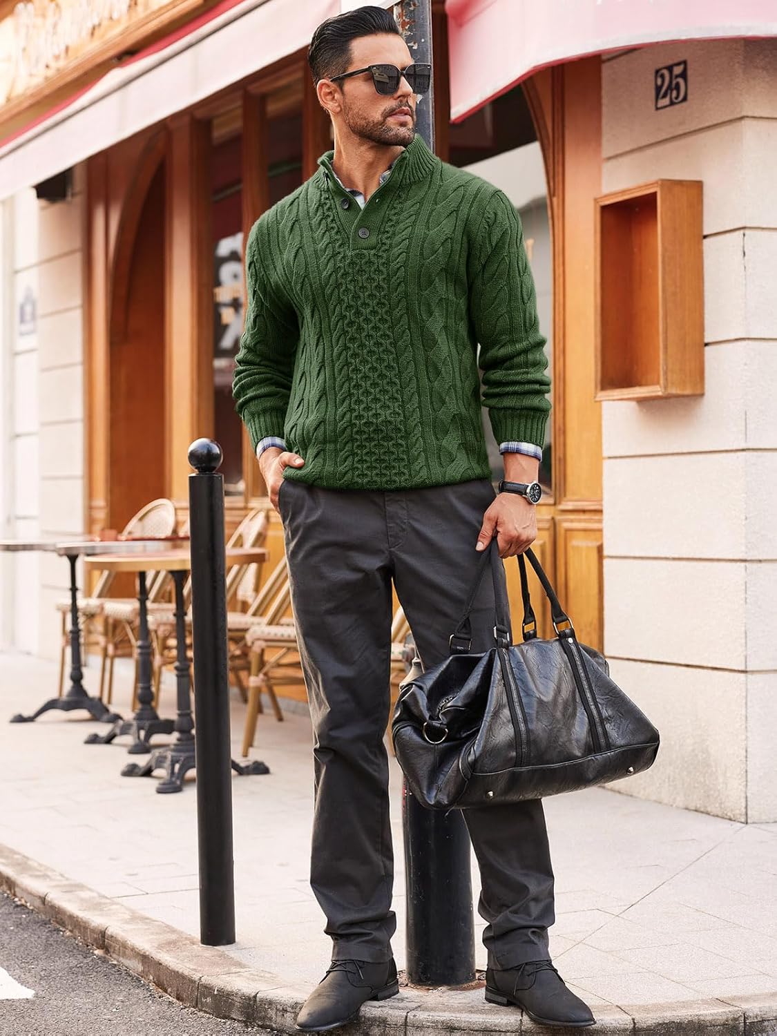 Runcati Mens Cable Knit Pullover Sweater Casual Stand Collar Chunky Buttons Fall Winter Sweaters - Image 4