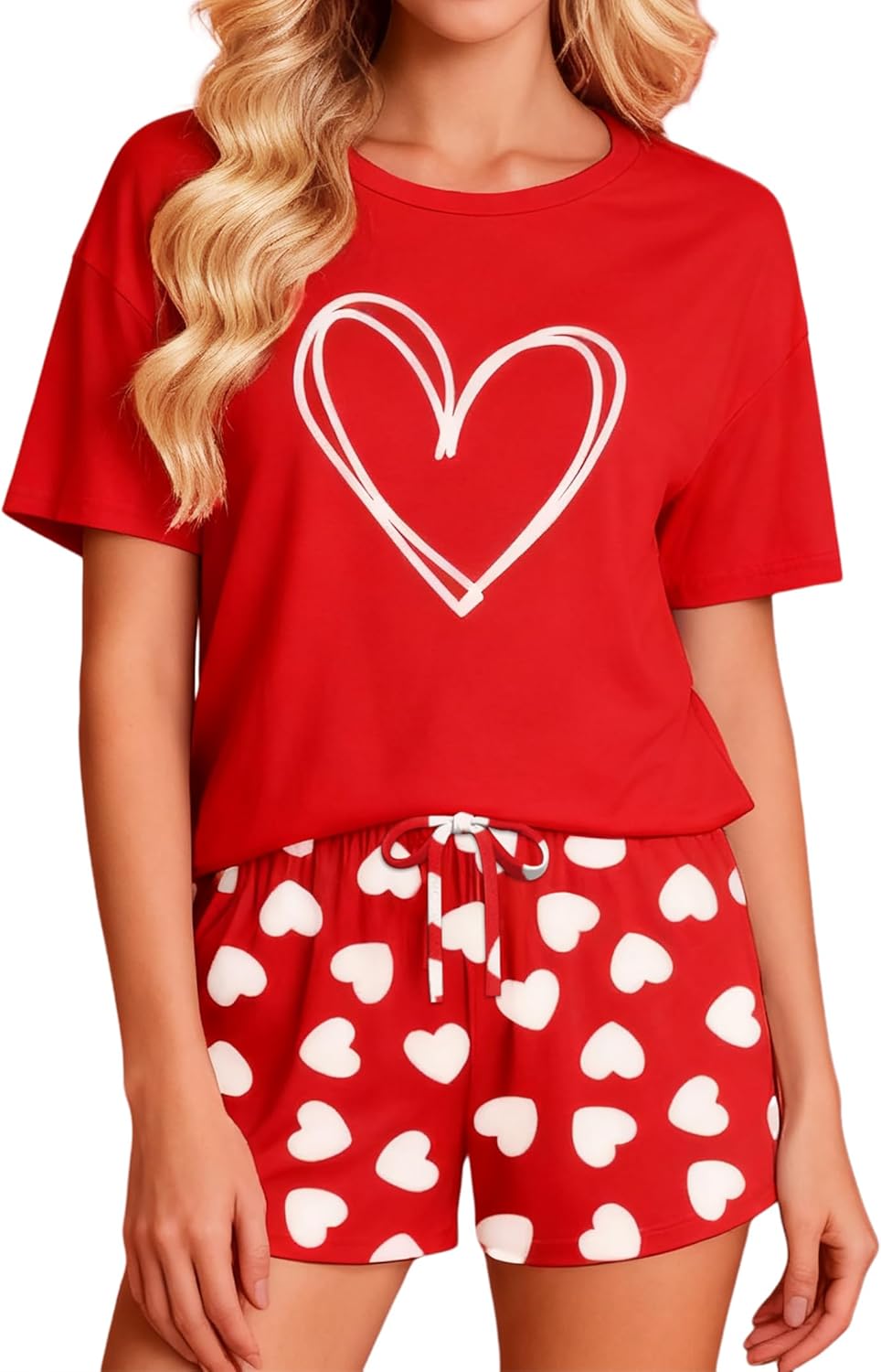 PECHAR Valentine Pajamas Women: Valentines Pjs 2 Piece Short Sleeve Heart Shirts and Pants Sleepwear Set Loungewear