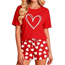 PECHAR Valentine Pajamas Women Valentines Pjs 2 Piece Short Sleeve Heart Shirts and Pants Sleepwear Set Loungewear