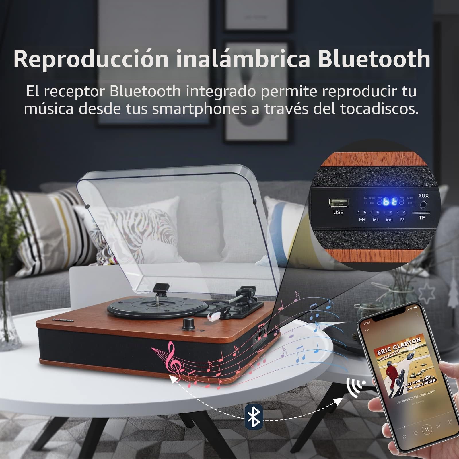 VOSTERIO Tocadiscos de Vinilo de 3 Velocidades con Altavoces estéreo, Vintage Giradiscos Bluetooth, RCA, USB y Lector de para Convertir Discos de Vinilo a Archivos Digitales, Acabado en Madera
