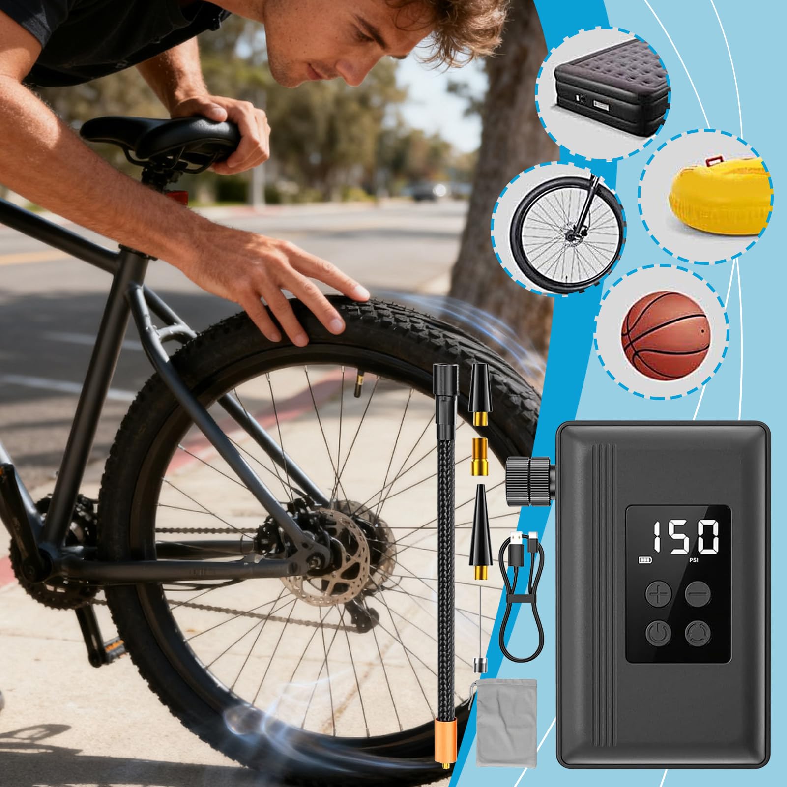 Pompa per Biciclette Kit Utensili Ricaricabile | Pompa Elettrica Per Gomme Bici Per Palloncini, Anelli Da Nuoto, Gonfiabili, Giocattoli Da Piscina, Ciclismo Strada E