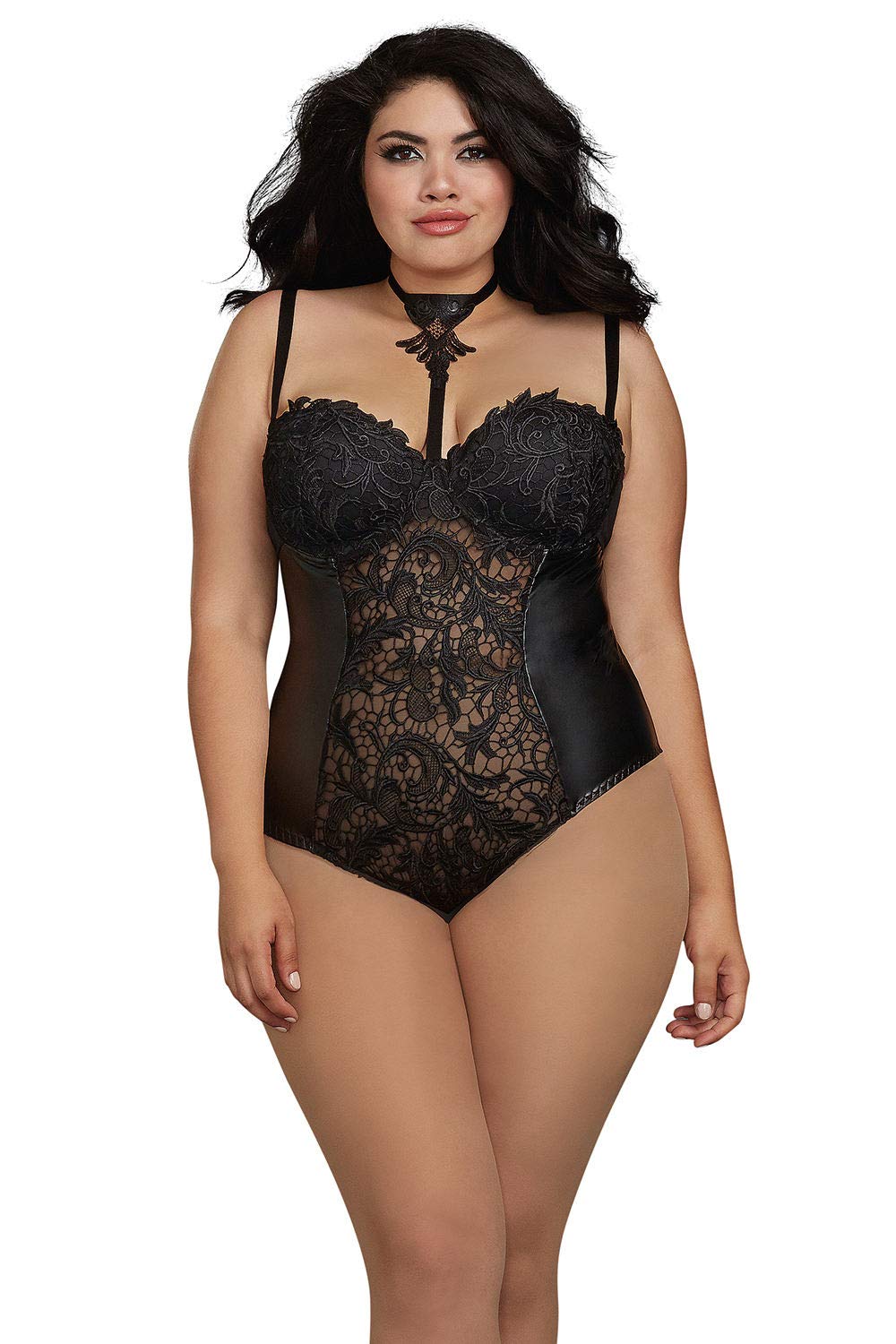 Wetlook-Damenbody aus Spitze und Kunstleder Stringbody Gothic Body in schwarz S-5XL von Dreamgirl Dessous (L)