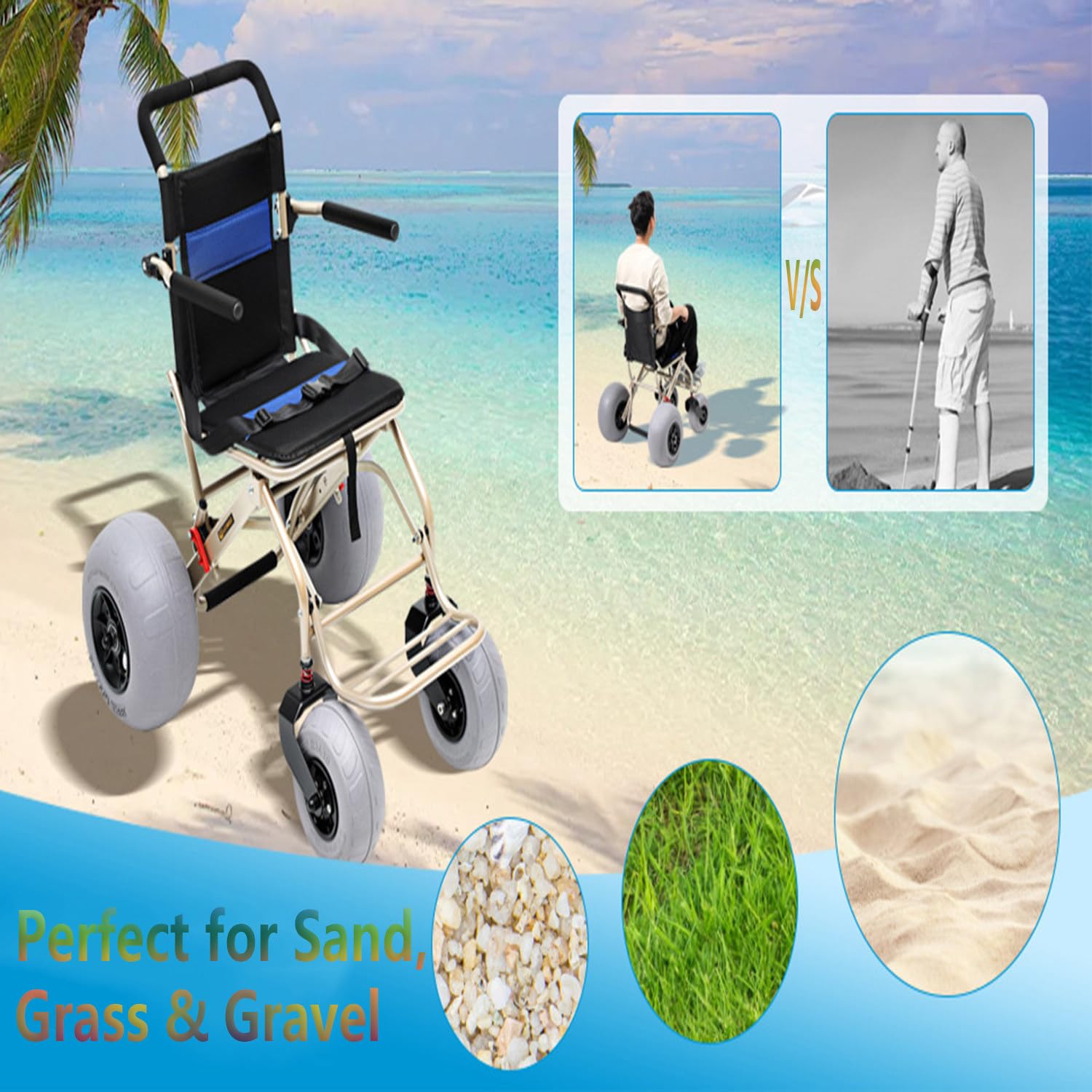 Silla de Ruedas de Playa Todo Terreno Silla de Ruedas Ligera para Playa con Neumáticos de Globo de 12'' y 9'' Diseño Plegable Ruedas de Liberación Rápida