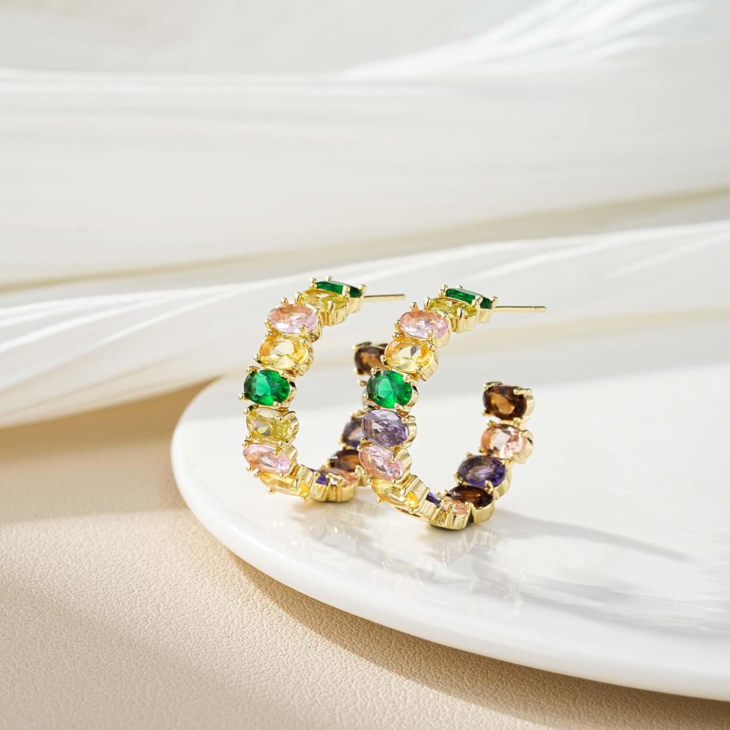 Dazzling Multicolor Austrian Crystal 14K Gold Plated Hoop Earrings for Women Fashion Hypoallergenic Jewelry Gift - Image 3