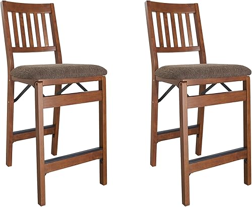 MECO Stakmore - Juego de taburetes de mesa de comedor de madera maciza prémium con asiento tapizado acolchado de tela y mecanismo plegable de acero,