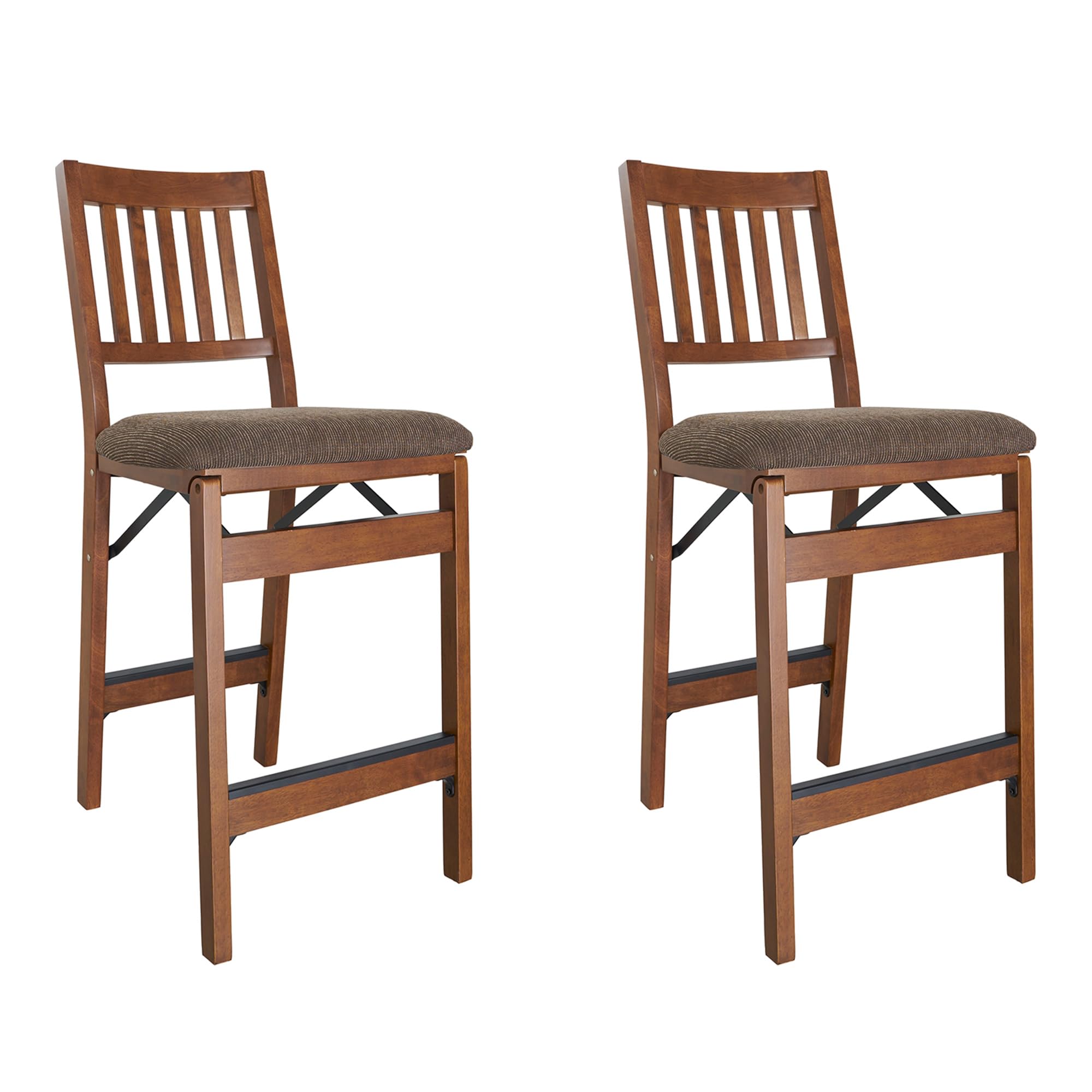 MECO Stakmore Solid Wood Dining Table Counter Stools Set - Fabric Padded Upholstered Seat & Steel Folding Mechanism, Fruitwood Frame & Jax Fabric