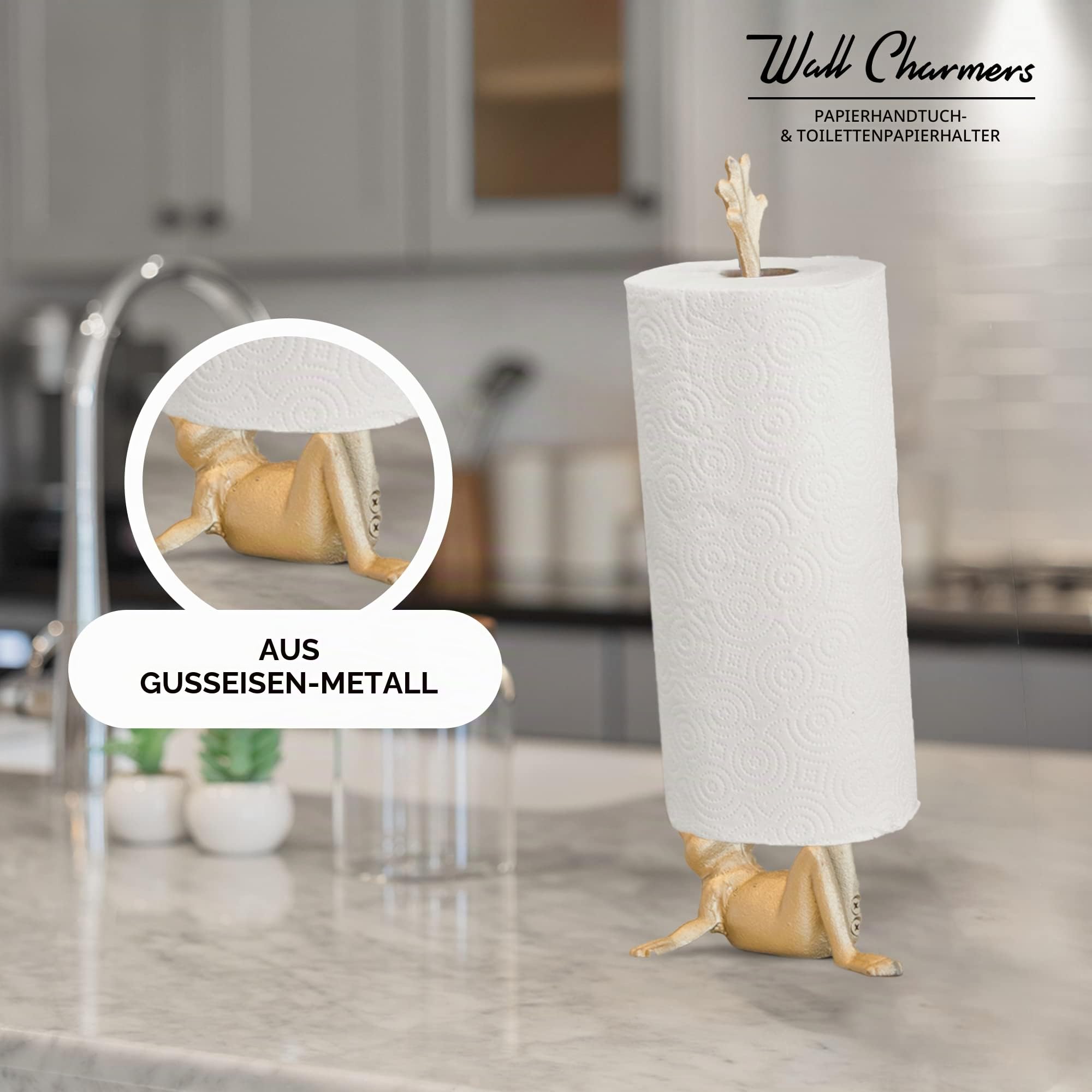 WallCharmers Gold Papierhandtuchhalter, Metall WC oder Küche Papierhalter für Boden oder Arbeitsplatte, Gold Frog