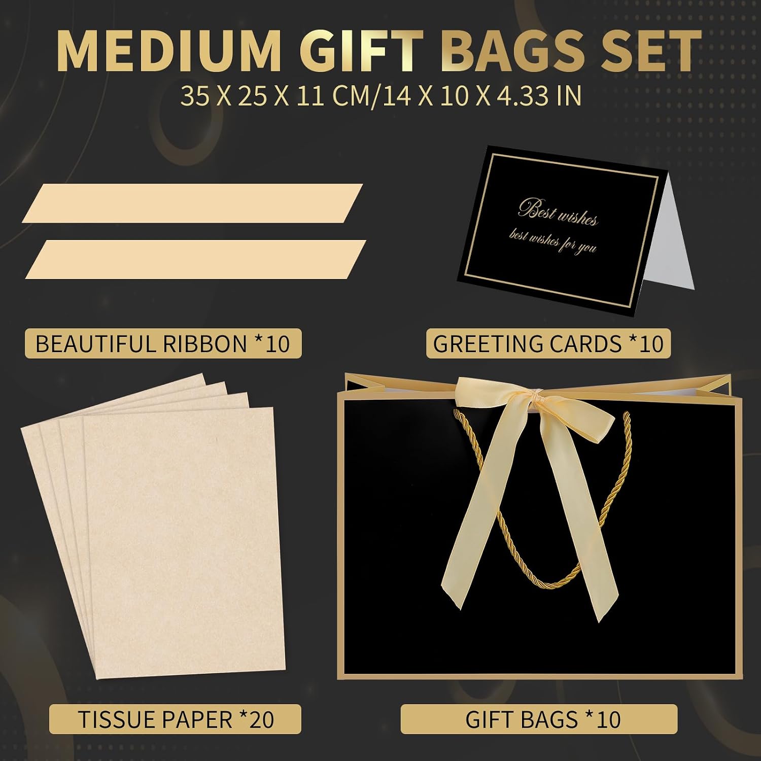 woric 10 Pcs Black&Gold Gift Bags with Handles, 14" Thank You Favor Bag image 2
