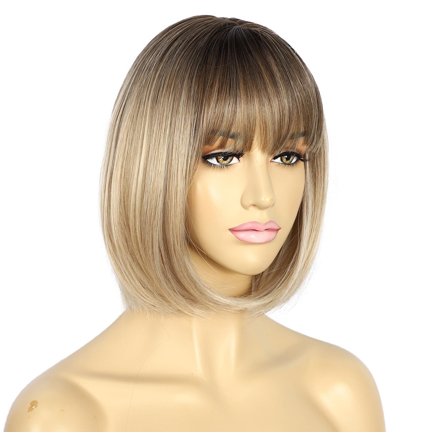 Sapphirewigs Blonde Wigs for Women Mix Blonde Bob Wig with Bangs Dark Roots Short Hair Daily Party Natural Looking 12 inch - Image 4