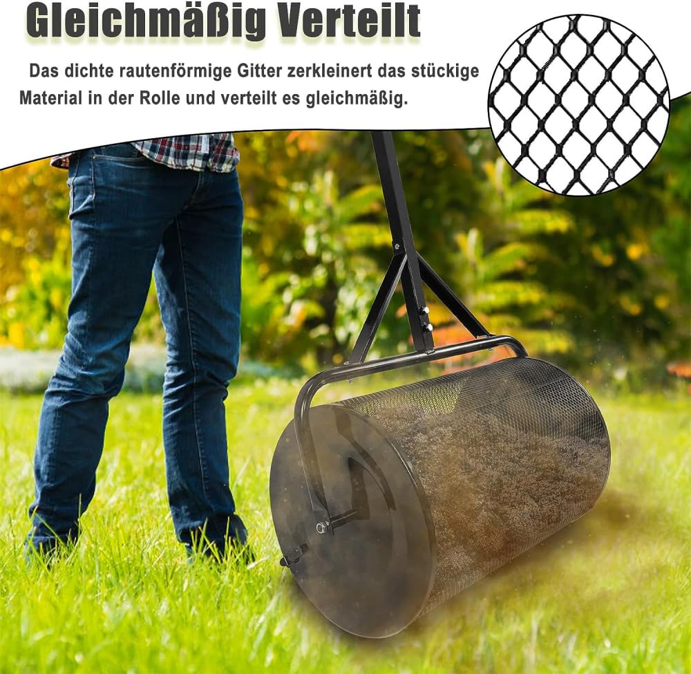 Rozrzutnik kompostu 60 l, 40 x 65 cm, stalowy siewnik do trawnika, wypełniany rozrzutnik trawy z uchwytem piankowym, wszechstronny rozsiewacz nasion do ogrodu i podwórka