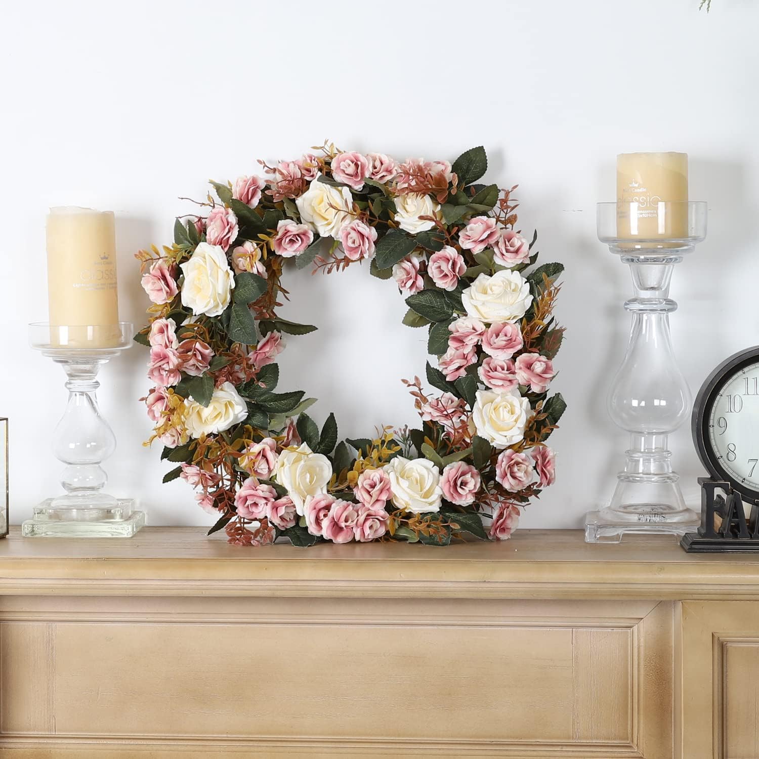 Duovlo Rose Floral Twig Wreath 19 Inch Handmade Artificial Flowers Garland Front Door Wreath (Champagne)