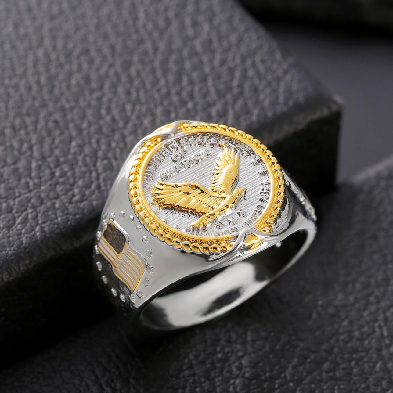 Men’s American Flag Flying Bald Eagle Ring Patriotic Veterans Jewelry, United States Hawk Medal Ring for Men