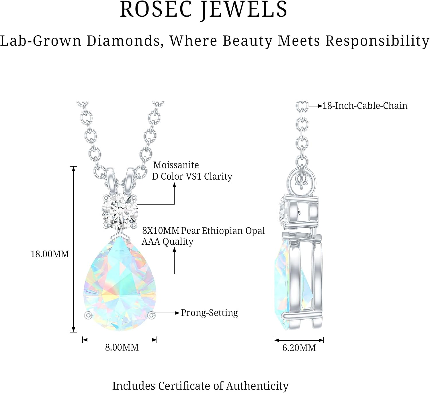 Natural 2 Carat Ethiopian Opal Teardrop Necklace With Chain, Aaa Quality, Genuine Opalescent Pendant - Ready To Gift