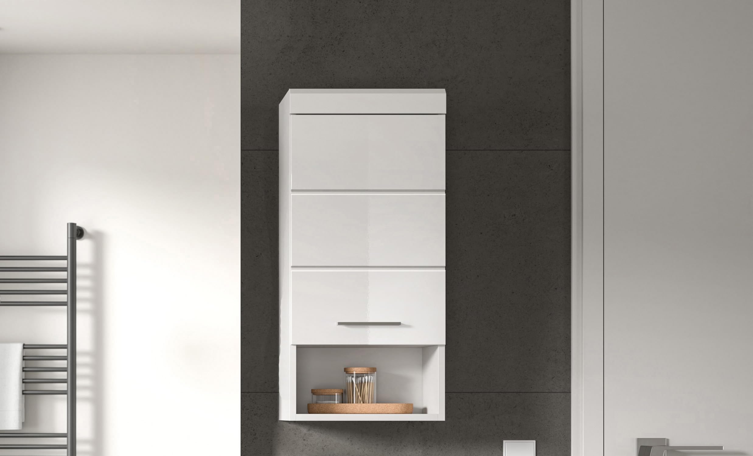 xonox.home - Hängeschrank Linus 30x77x23 cm in weiß und weiß Hochglanz - Badezimmerkombination Badmöbel Badset - Pflegeleichte Oberfläche funktional und hochwertig verarbeitet