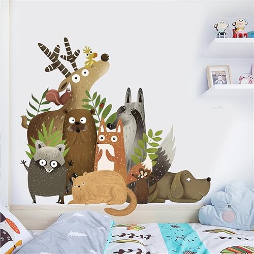 Calcomanías de pared de animales de dibujos animados, decoración de bosque encantador, selva, animales, murales de pared extraíbles, murales de