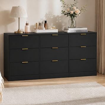 Black 9 Drawer Dresser with Gold Handle for Bedroom,63 Modern Large Deep Drawer Dresser,Long Chest of Drawers for Bedroom,Storage Organizer Furniture for Closet,Hallway
