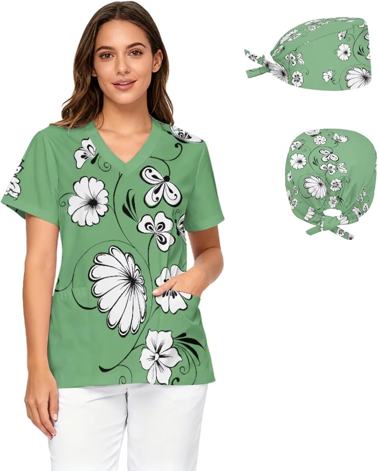 Women's Scrub Top&Nurse Cap 2-Piece Set,V-Neck Soft Stretch Medical Shirt with Pockets,Comfortable Nurse Uniform