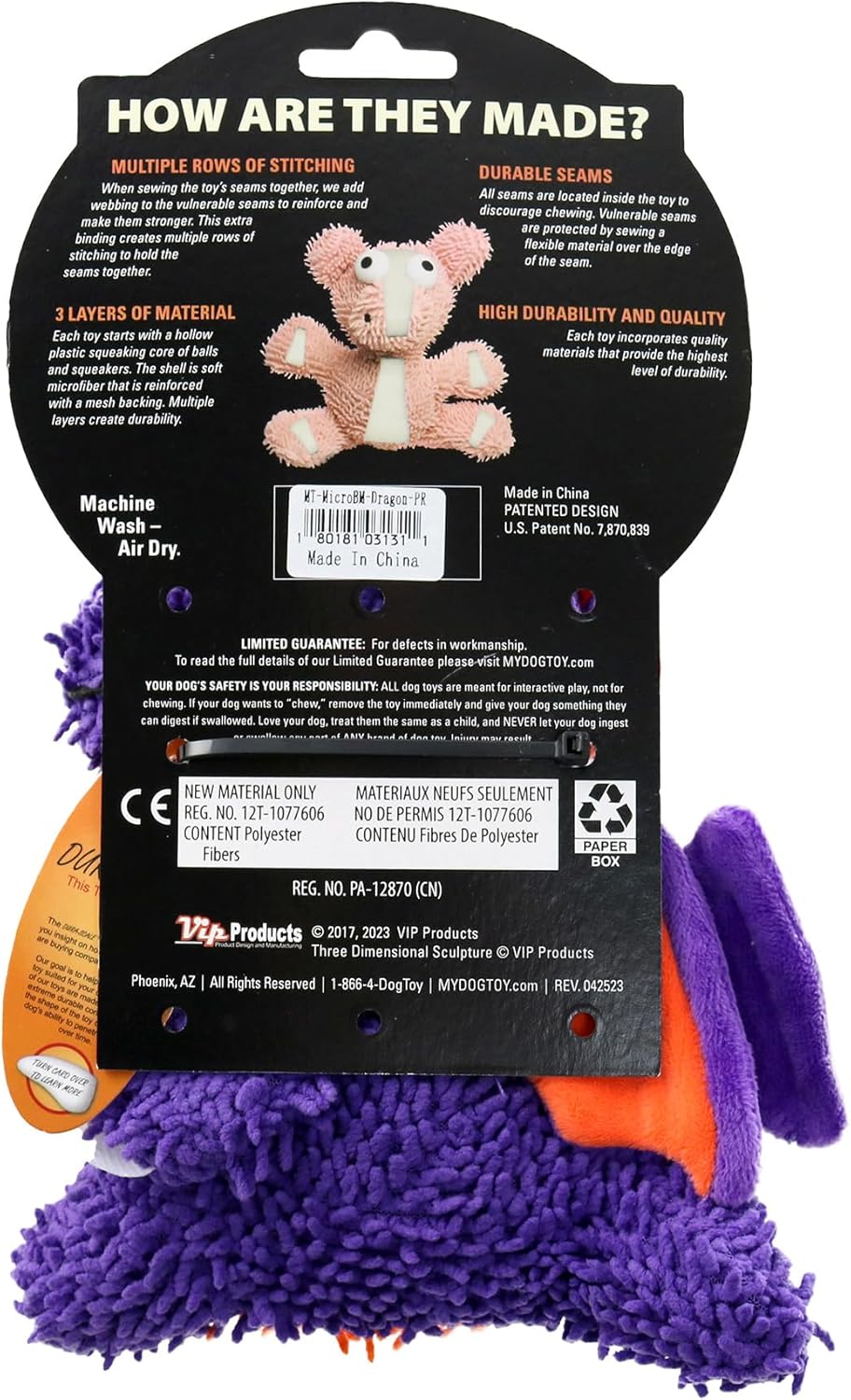 MIGHTY- Microfiber Ball - Dinosaur & Dragons - Made with Squeaker Balls and Minimal Stuffing. Strong & Tough. Interactive Play. Machine Washable & Floats (Dragon Purple, Medium)
