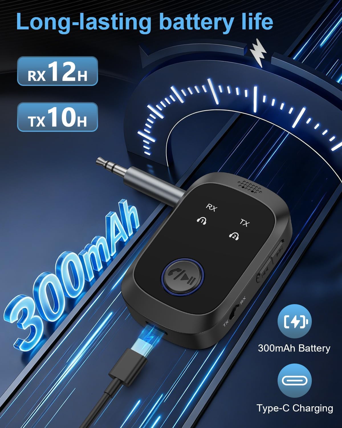 Ankilo Bluetooth Adapter showing battery life and USB-C charging.