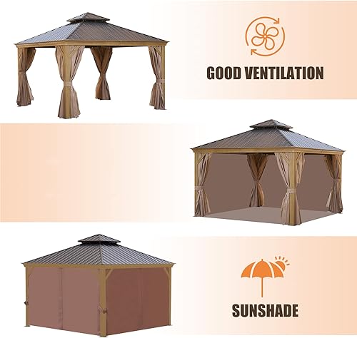 Miniatura 8 de Cenador permanente de 12 x 12 pies, con techo rígido de aluminio, con techo doble de acero galvanizado, con cortinas y malla para patio, patio