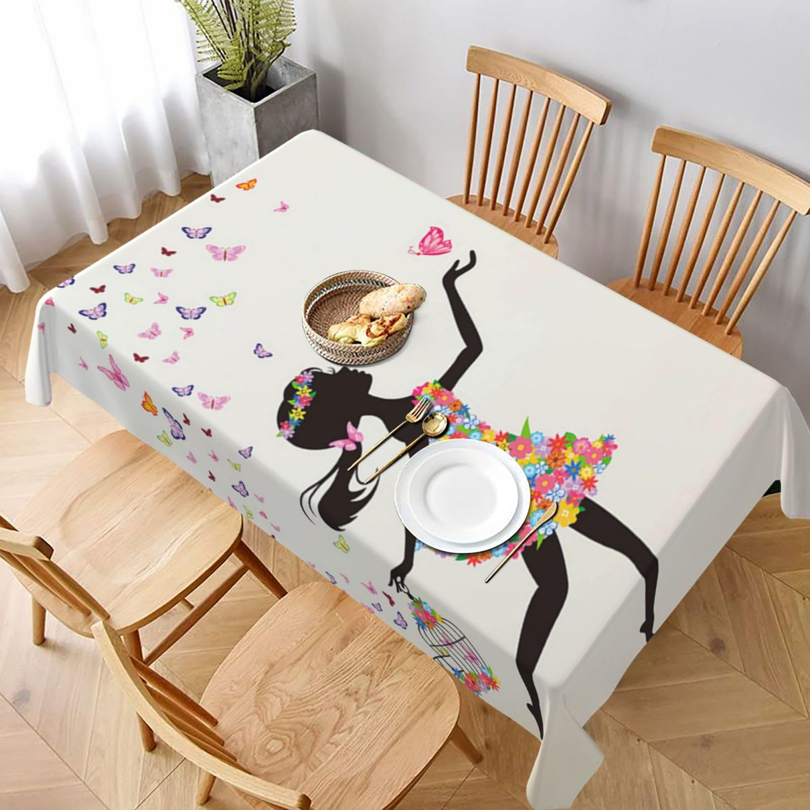BNVSADC Girl Dance Butterfly Printed Rectangle Tablecloth 228x152 CM, Water Resistant Polyester Table Cloth Decorative Fabric Table Covers for Kitchen Dining Table Parties Camping