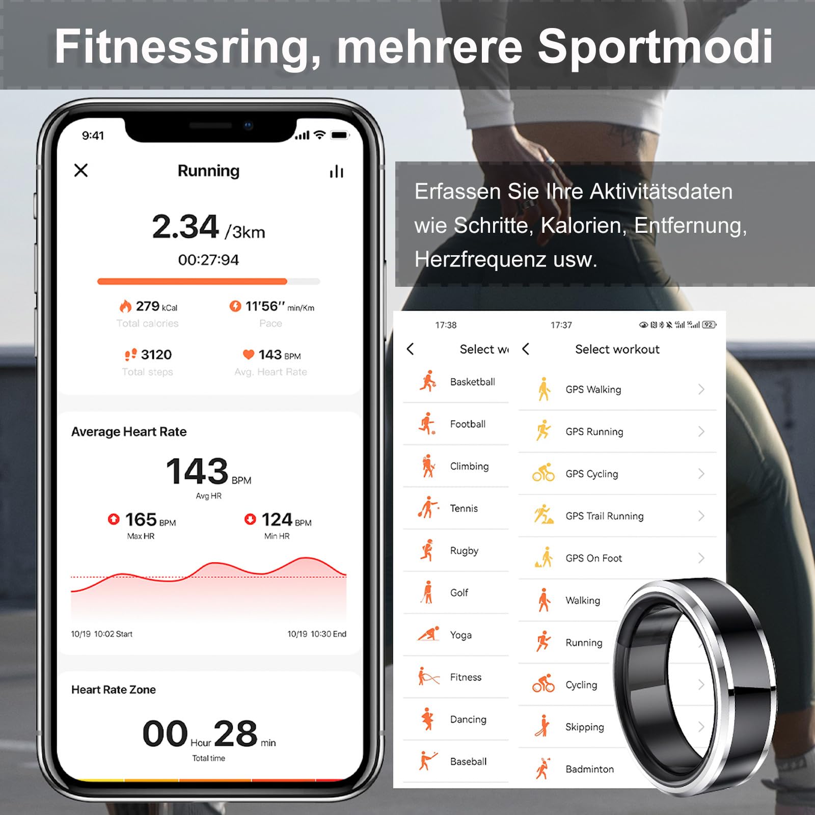 findtime Smartring Smart Ring Android iOS Fitness Ring Tracker Anello Smartracker per uomo e donna, cardiofrequenzimetro, contapassi, monitoraggio del sonno, anello intelligente argento e oro